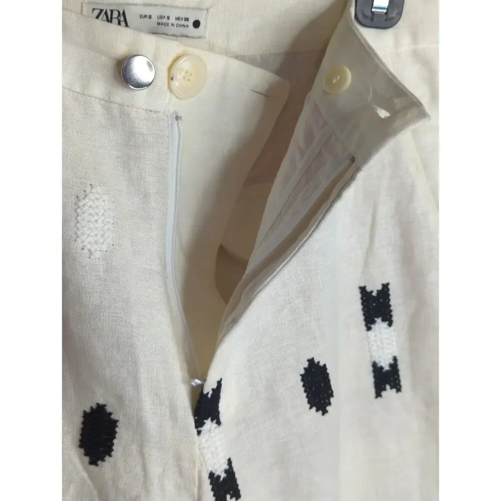 Zara‎ White & Green Geometric Embroidered Linen Pants Small Coastal Bohemian